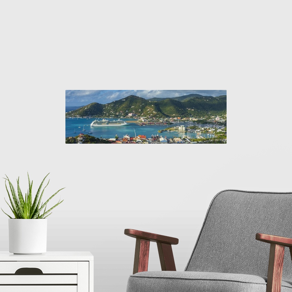 A modern room featuring British Virgin Islands, Tortola, Road Town, elevated town view with cruiseship from Free Bottom