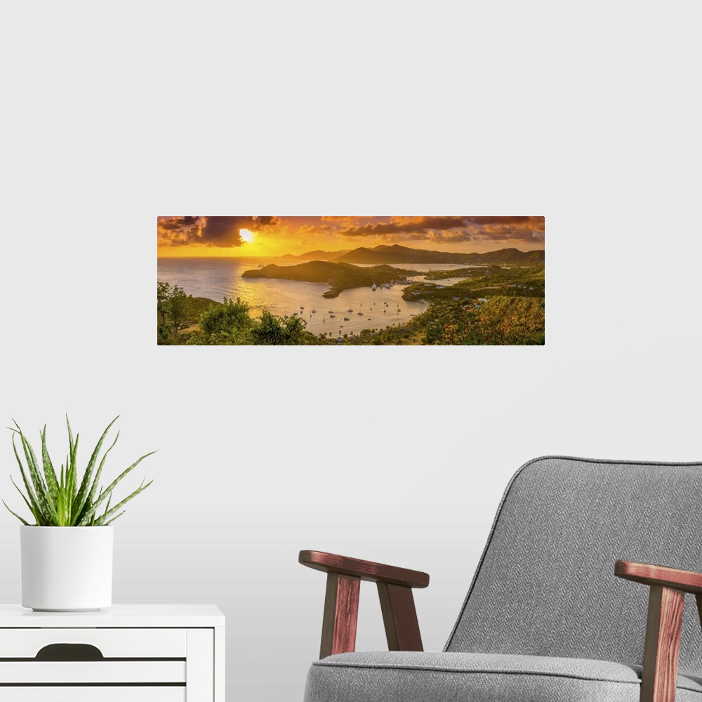 A modern room featuring Caribbean, Antigua, English Harbour from Shirley Heights, Sunset.