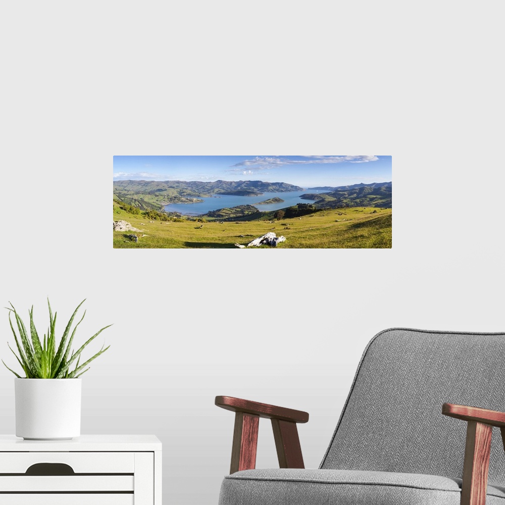 A modern room featuring Elevated view over Banks Peninsular, Canterbury, South Island, New Zealand