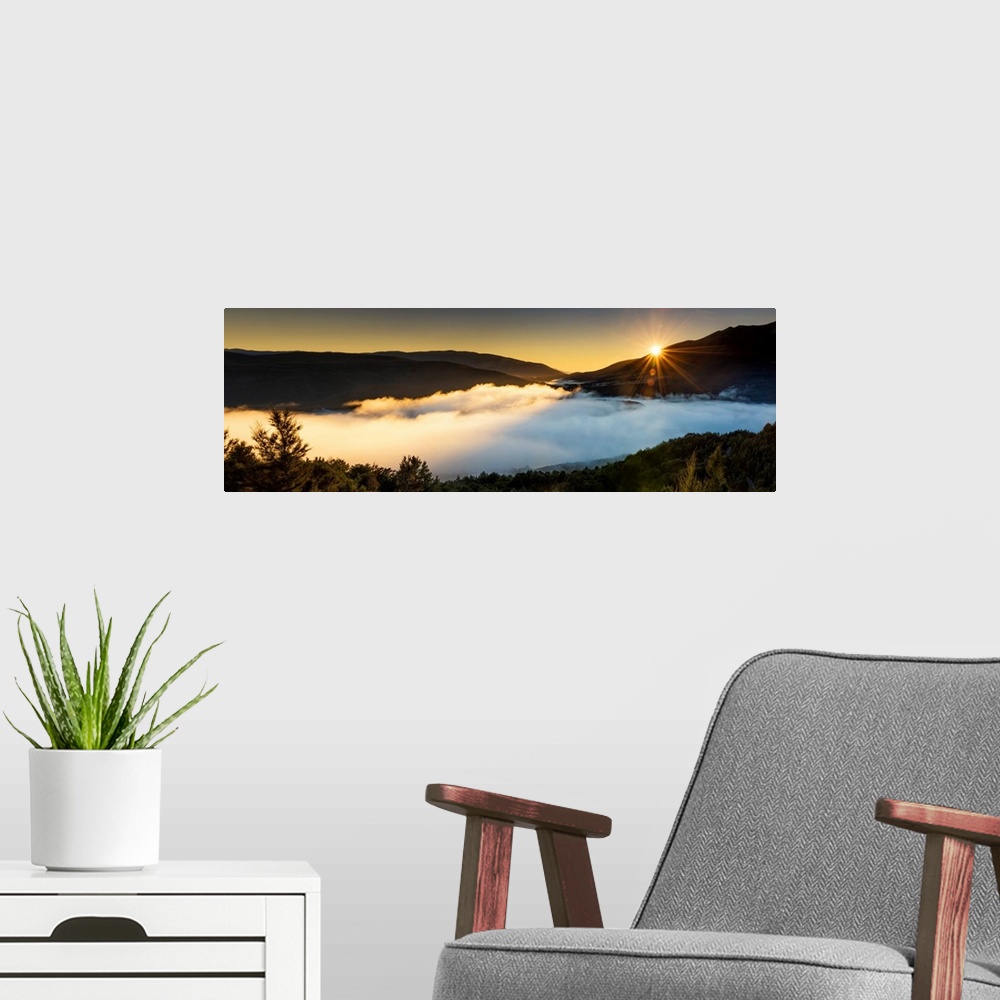 A modern room featuring Mist Over Lake Rotoiti At Sunset, New Zealand