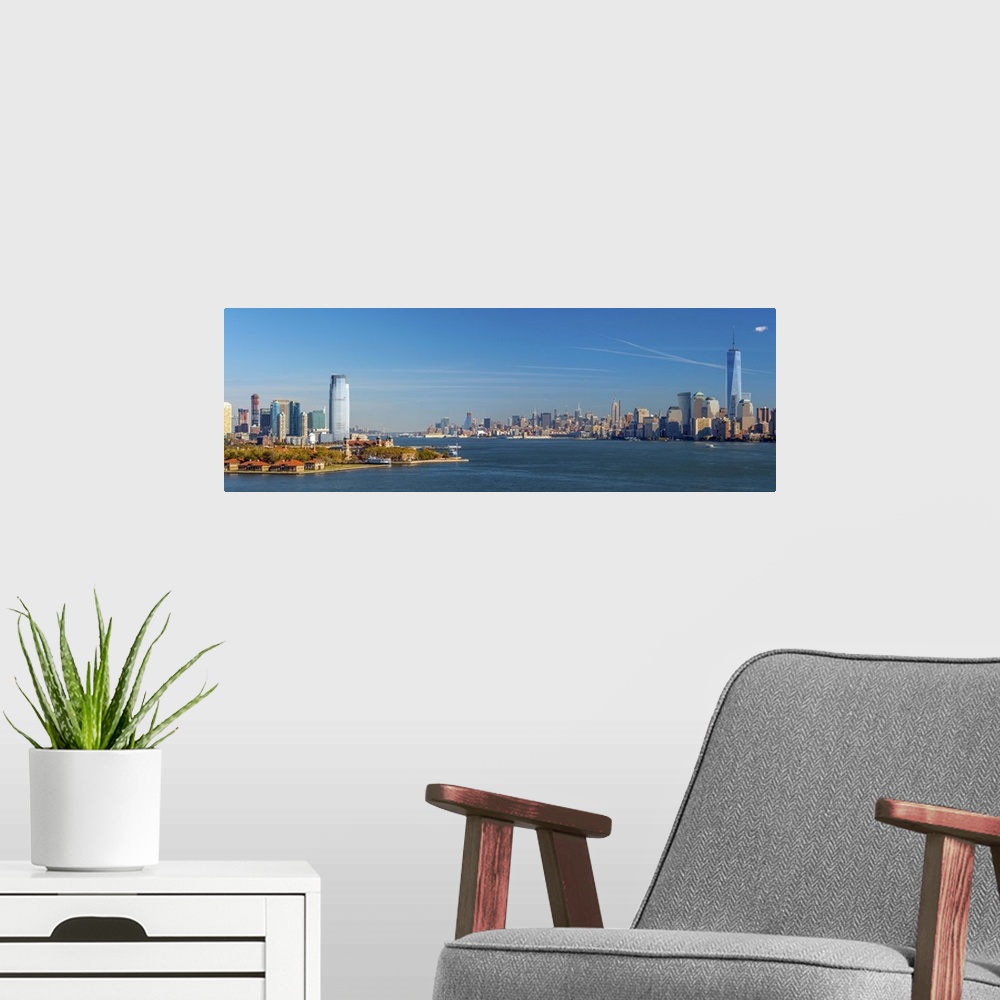 A modern room featuring USA, New Jersey, Jersey City, Paulus Hook and New York, Manhattan Skyline.