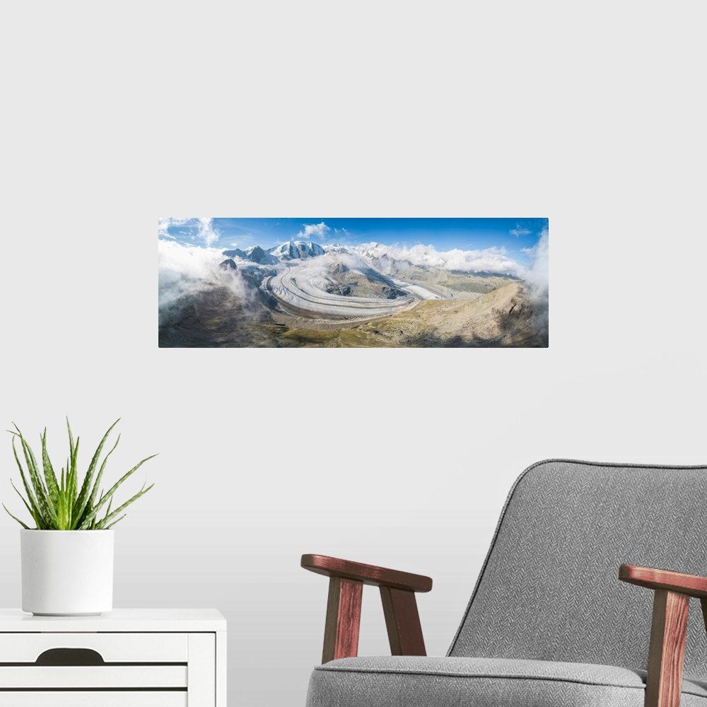 A modern room featuring Panoramic Aerial View Of The Diavolezza And Pers Glaciers, St. Moritz, Canton Of Graubunden, Enga...