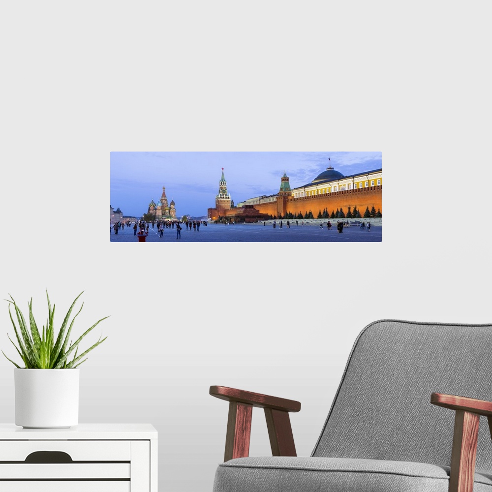 A modern room featuring St Basils Cathedral and the Kremlin in Red Square, Moscow, Russia.