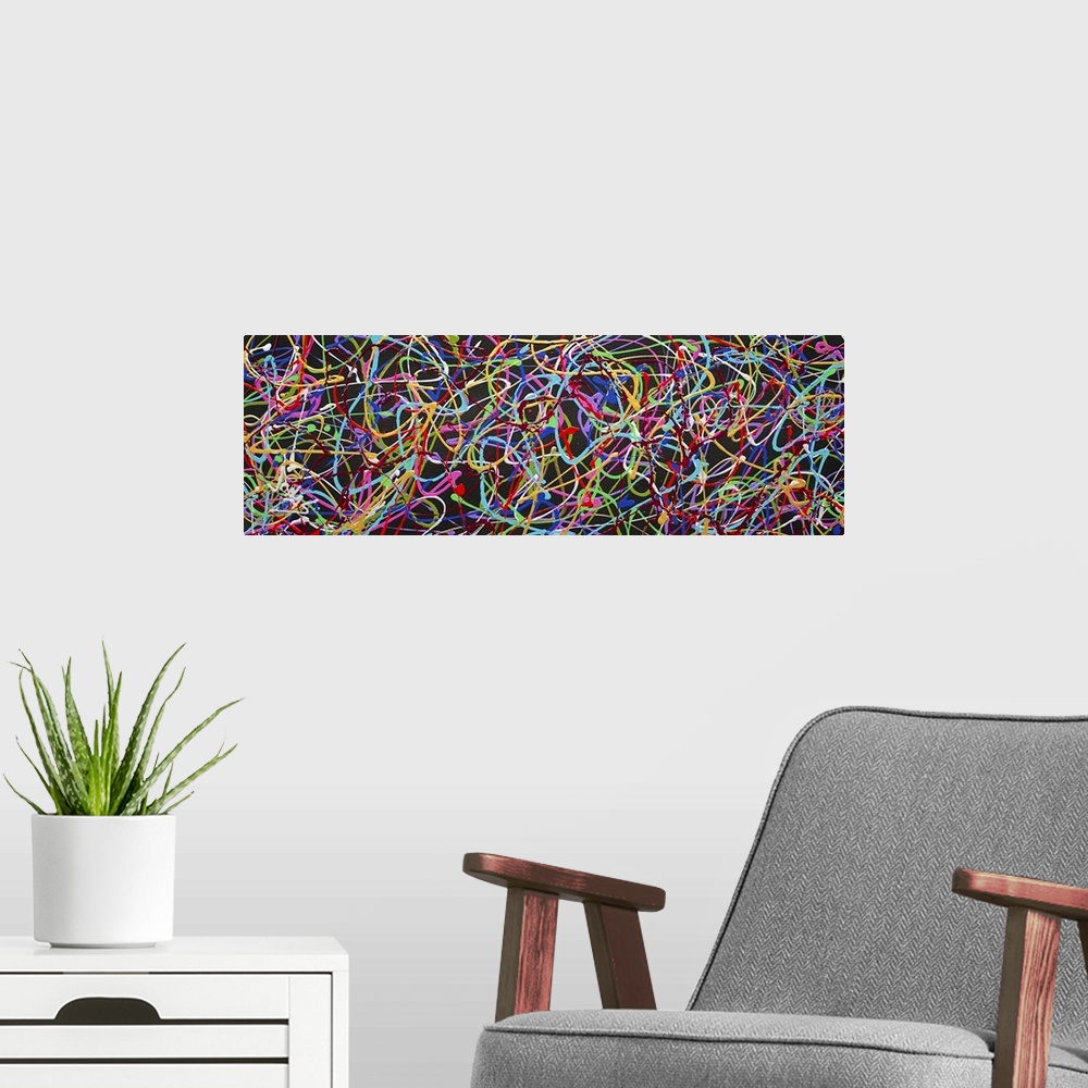 A modern room featuring A contemporary abstract painting of a very busy interlocking web of neon colors in thin string-li...