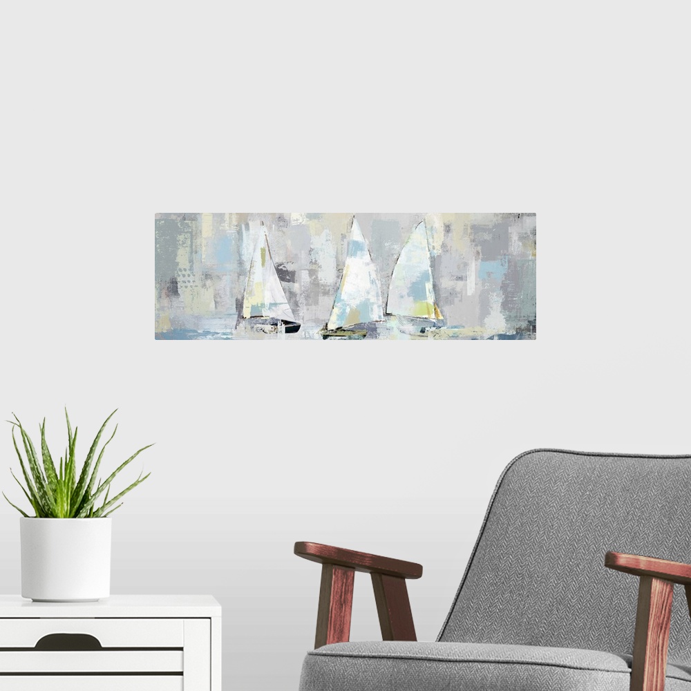 A modern room featuring A large panoramic painting of a group of sailboats with muted patches of yellow, blue and gray.