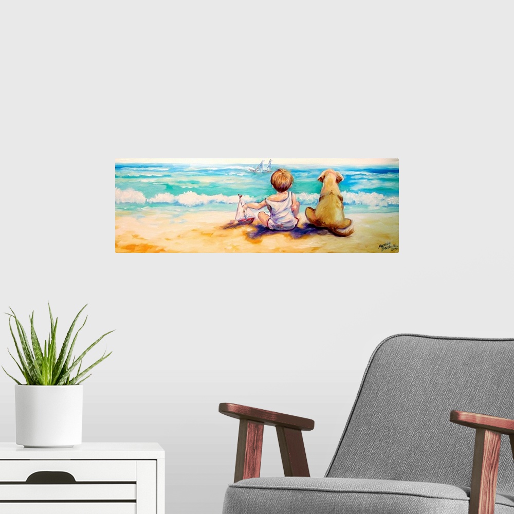 A modern room featuring This sweet painting of a little boy and his best friend, his dog, sitting and watching a sail boa...