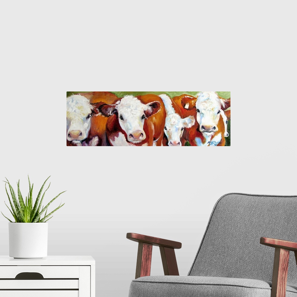 A modern room featuring Panoramic painting of five brown and white cattle standing together in a line with a green backgr...