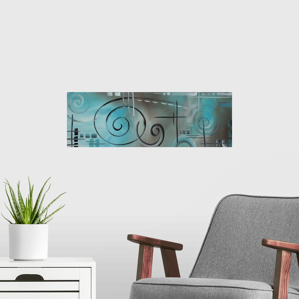 A modern room featuring Oversized, landscape contemporary artwork of curling swirls of different sizes, and random intere...