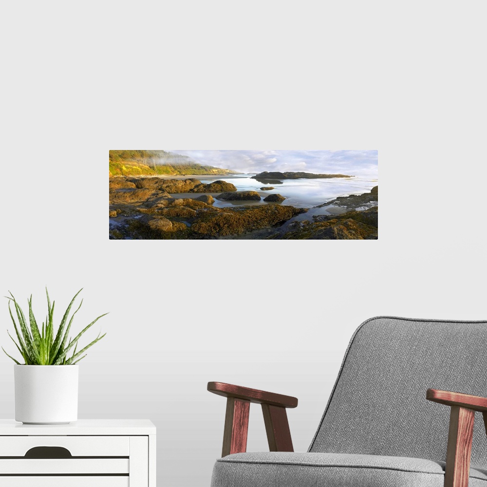 A modern room featuring Panoramic photograph on a big wall hanging of an uneven surface along Neptune Beach at low tide, ...