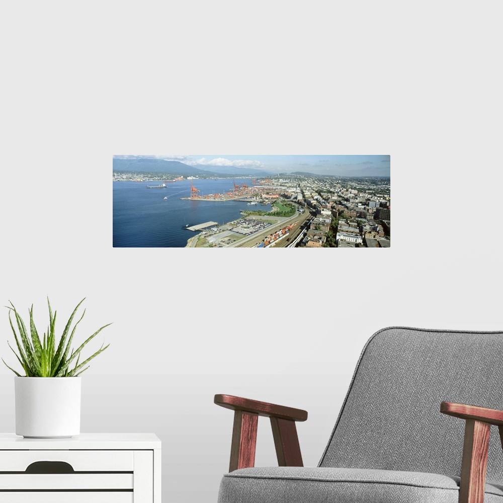 A modern room featuring Aerial view of a harbor and buildings in a city, Vancouver, British Columbia, Canada