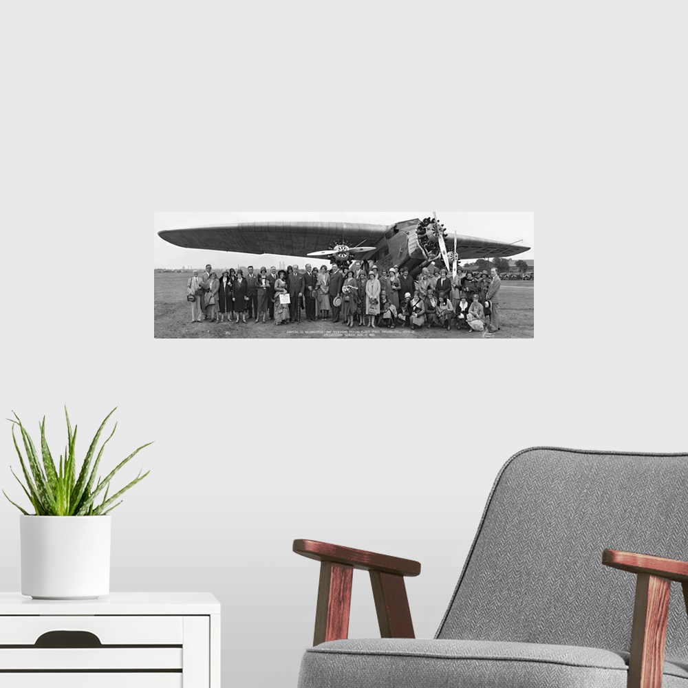 A modern room featuring Vintage panoramic image of Amelia Earhart and  plane gathered with supporters in Philadelphia.