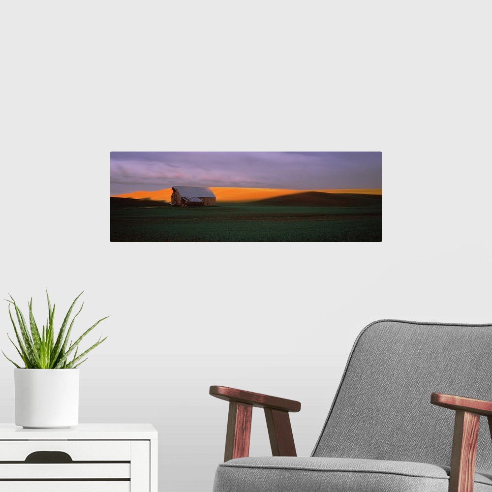 A modern room featuring Barn in a field at sunset, Palouse, Whitman County, Washington State,