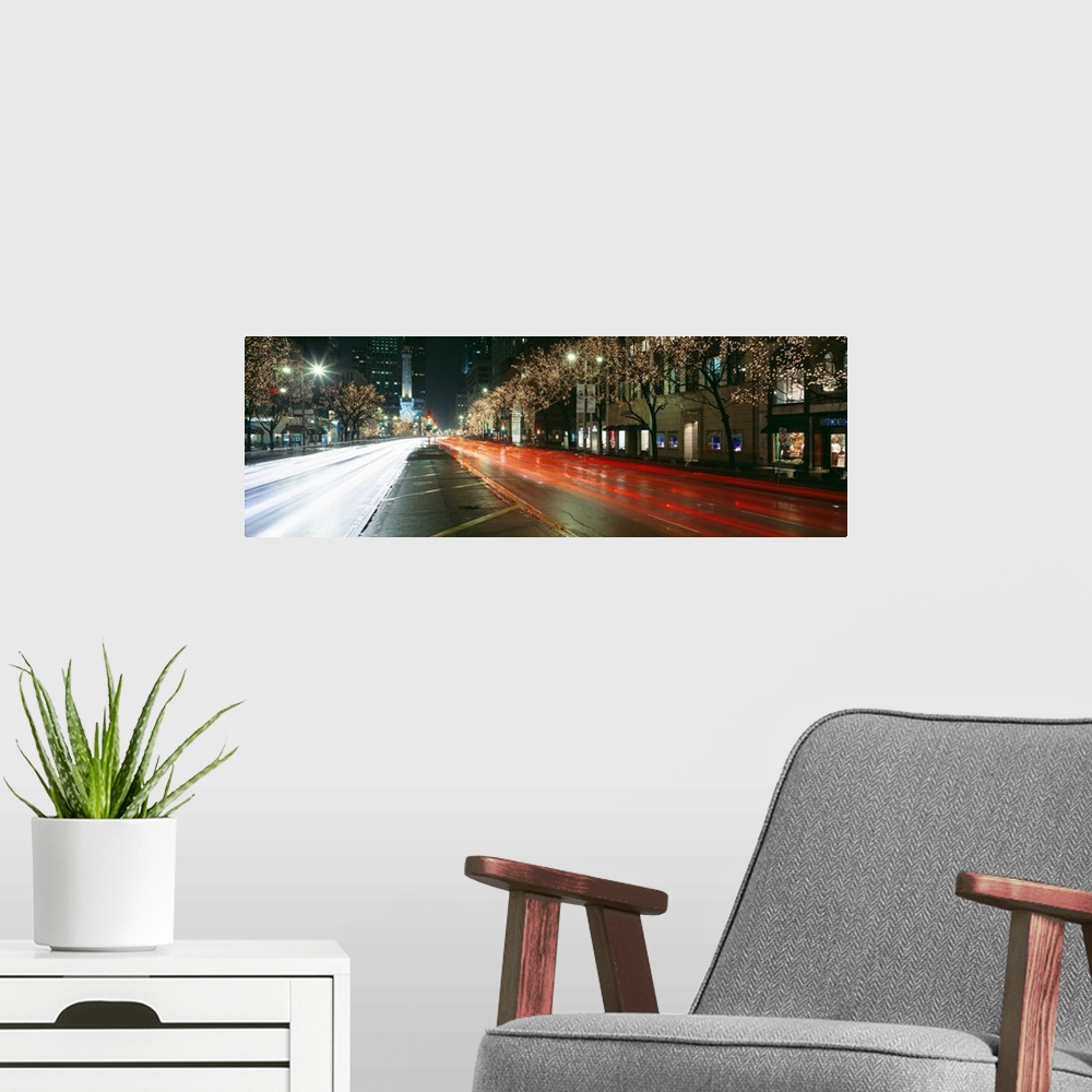 A modern room featuring Blurred Motion Of Cars Along Michigan Avenue Illuminated With Christmas Lights, Chicago, Illinois