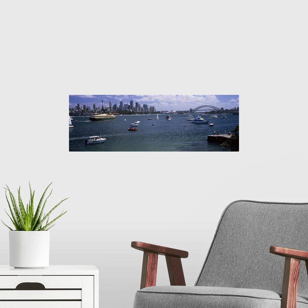 A modern room featuring Boats in the sea with a bridge in the background, Sydney Harbor Bridge, Sydney Harbor, Sydney, Ne...