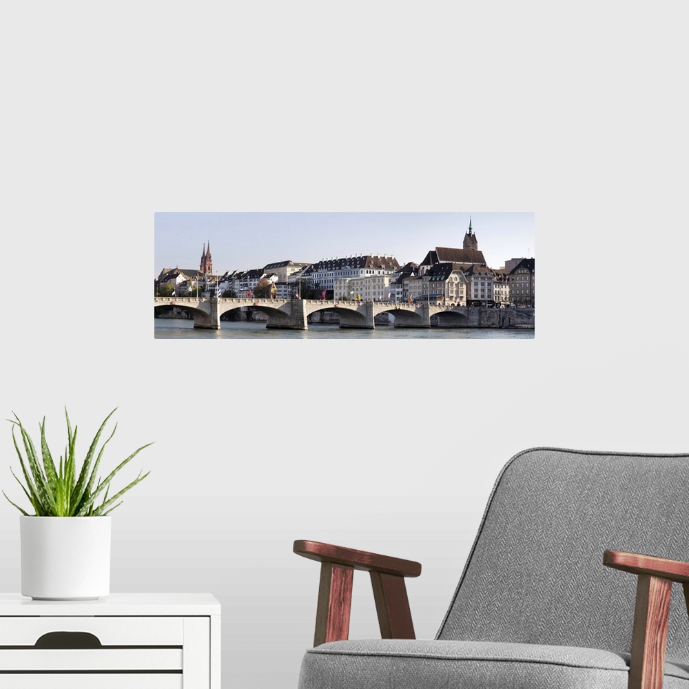A modern room featuring Bridge across river, St. Martin's Church, River Rhine, Basel, Switzerland