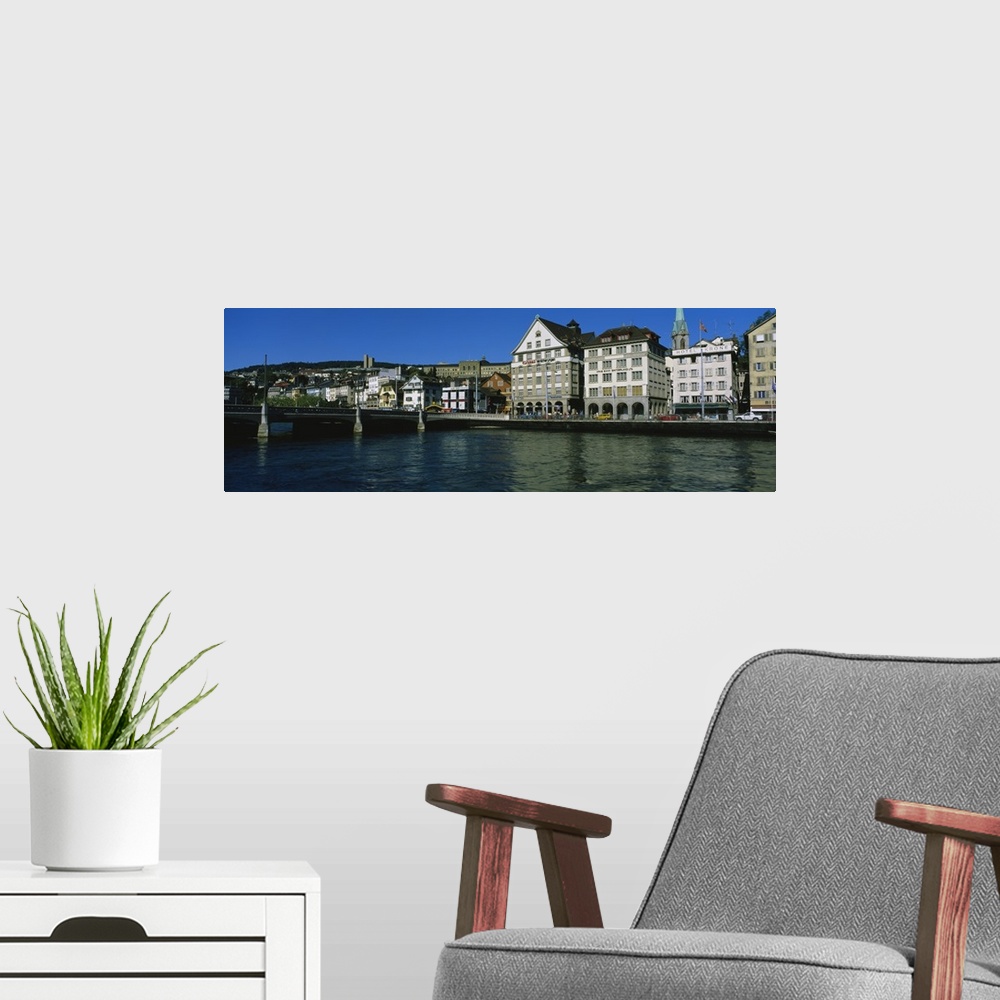 A modern room featuring Buildings at the waterfront, Limmat Quai, Zurich, Switzerland