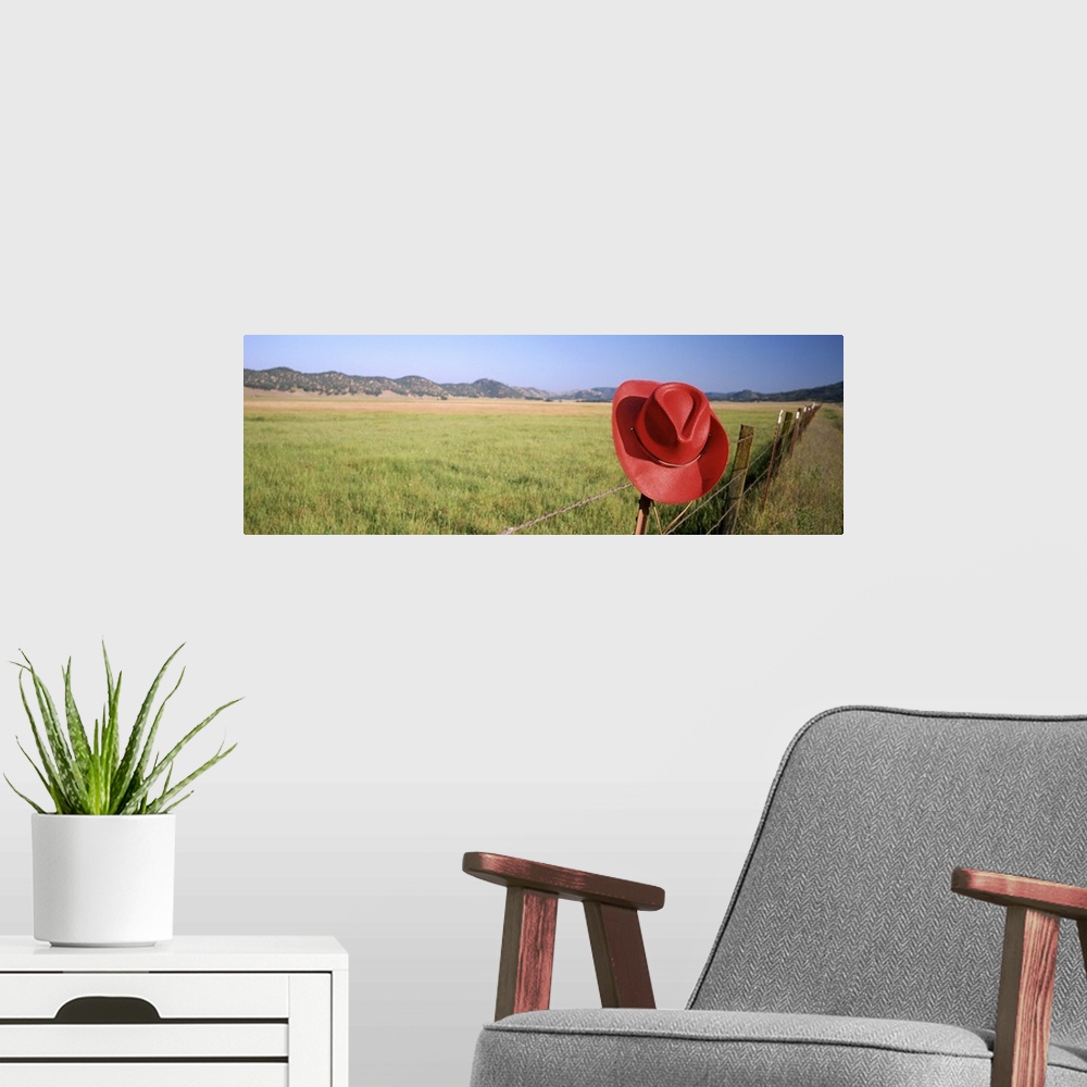 A modern room featuring California, Red cowboy hat hanging on the fence