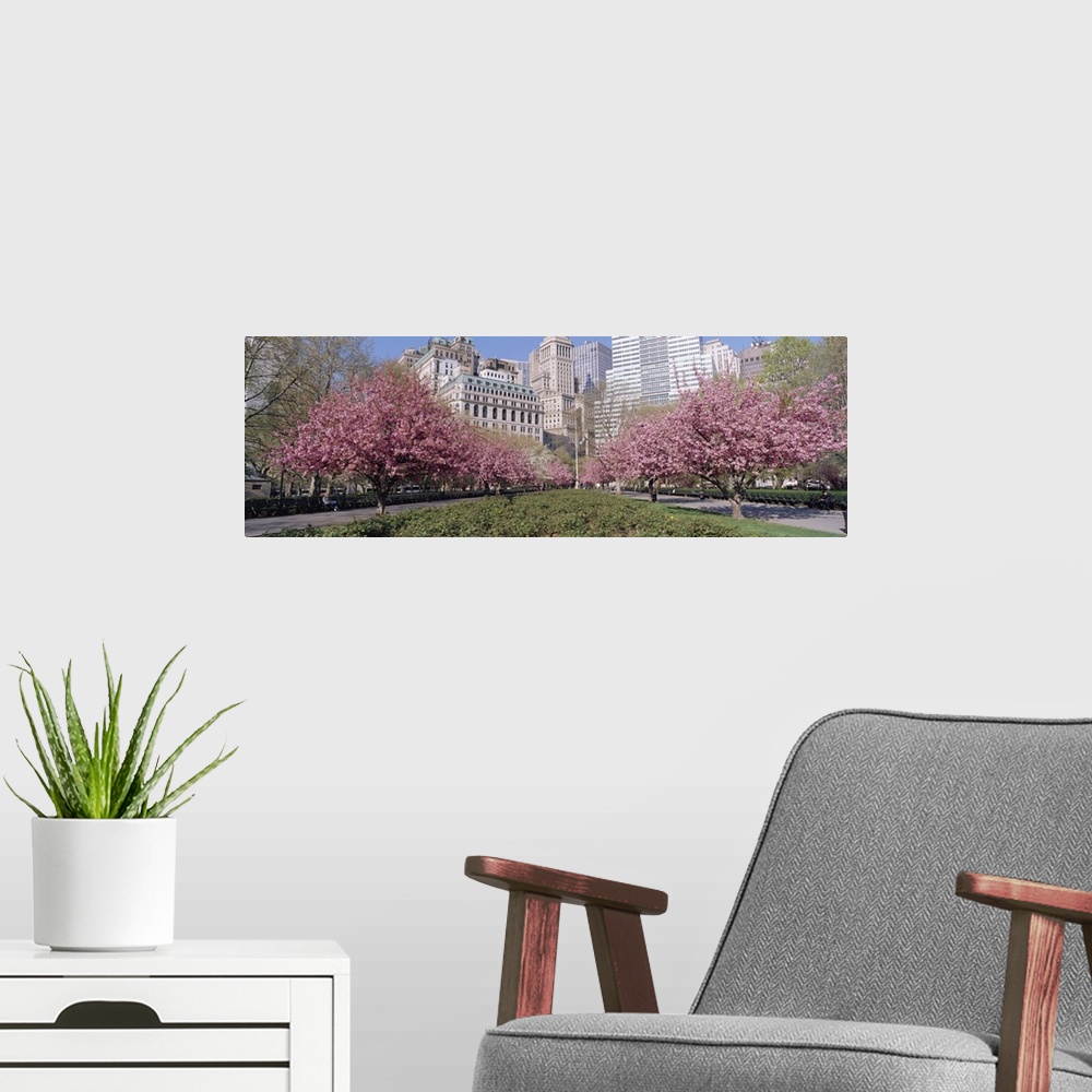 A modern room featuring Panoramic photograph of two huge flowering trees with city buildings and skyscrapers in the backg...