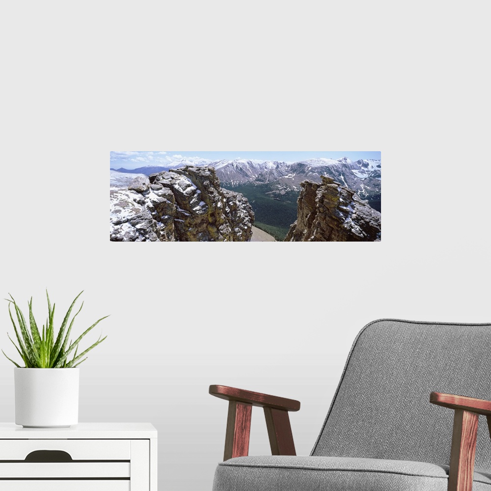 A modern room featuring Colorado, Rocky Mountain National Park, Panoramic view of snowcapped mountain range