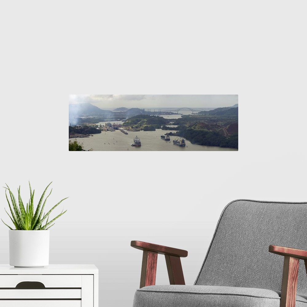 A modern room featuring Container ships in a canal, Miraflores, Panama Canal, Panama