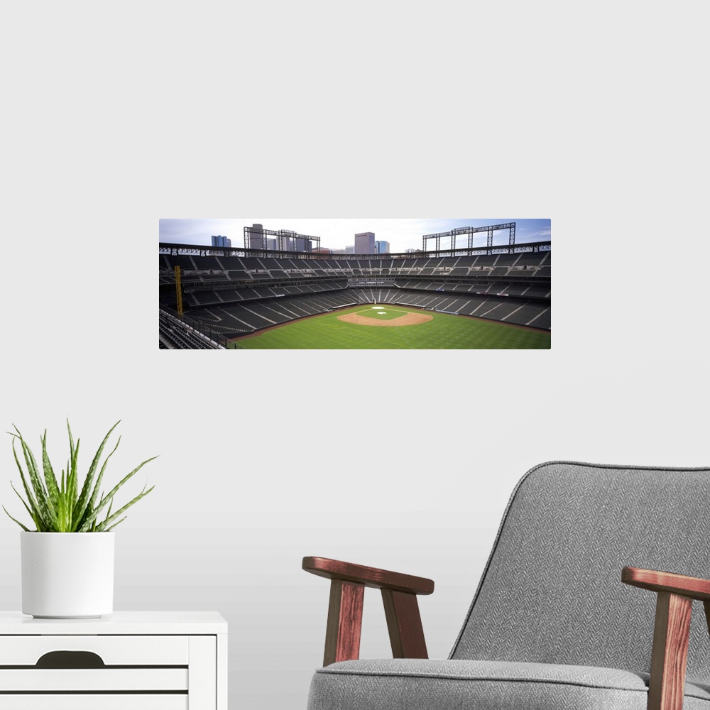 A modern room featuring Panoramic, aerial photograph of Coors Baseball Field in Denver, Colorado.  A view of home plate s...
