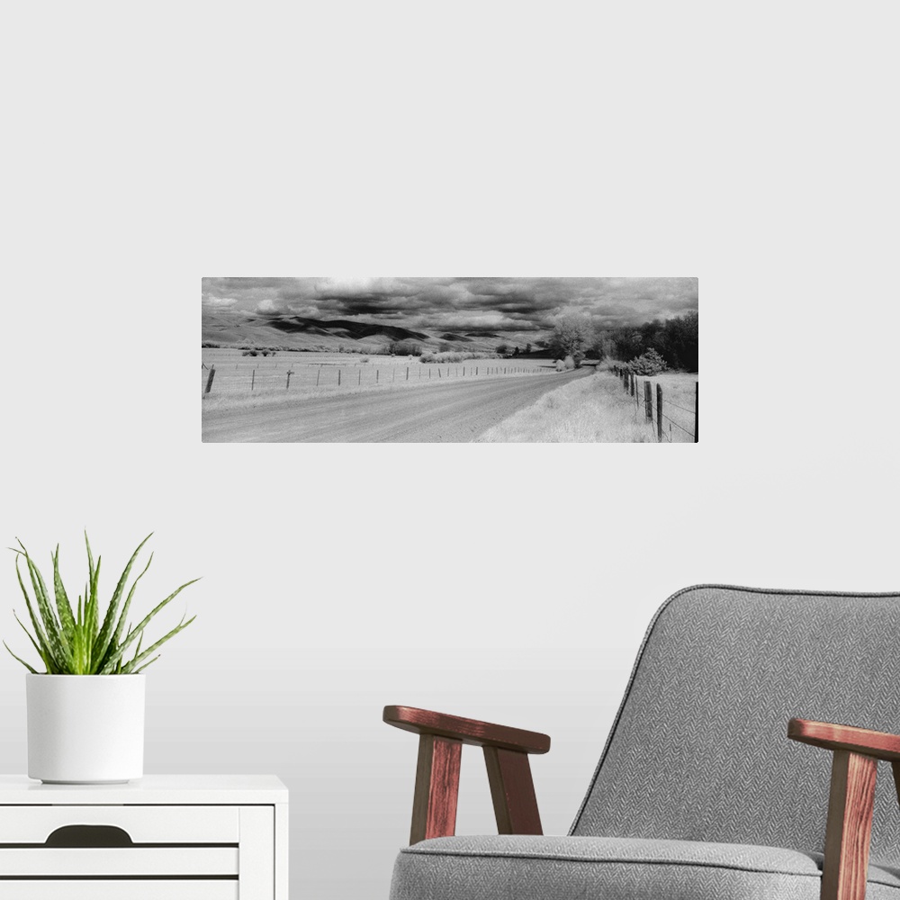 A modern room featuring This black and white panoramic photograph is of a long dirt road that is lined on either side by ...