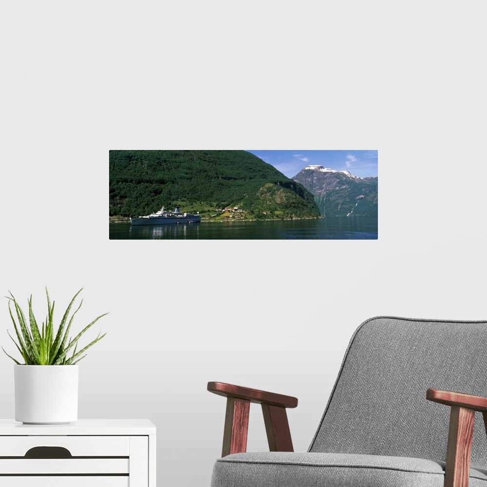 A modern room featuring Cruise ship in the fjord, Geiranger Fjord, Geiranger, More og Romsdal, Norway