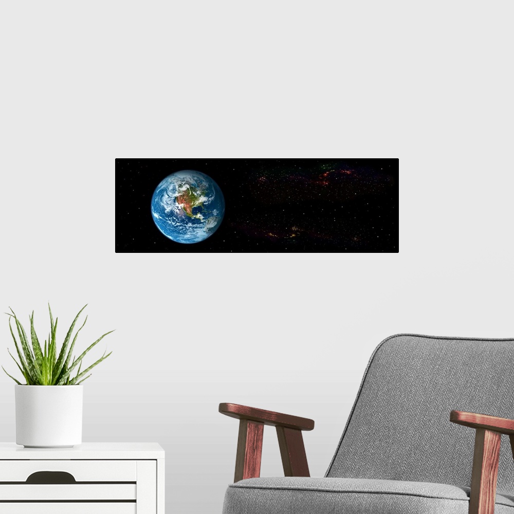 A modern room featuring Earth in Space showing North Americas (Photo Illustration)