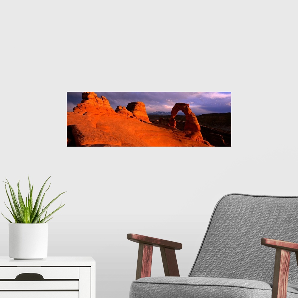 A modern room featuring A landscape photograph that is a panoramic shot of a wind eroded rock face illuminated a sunset.