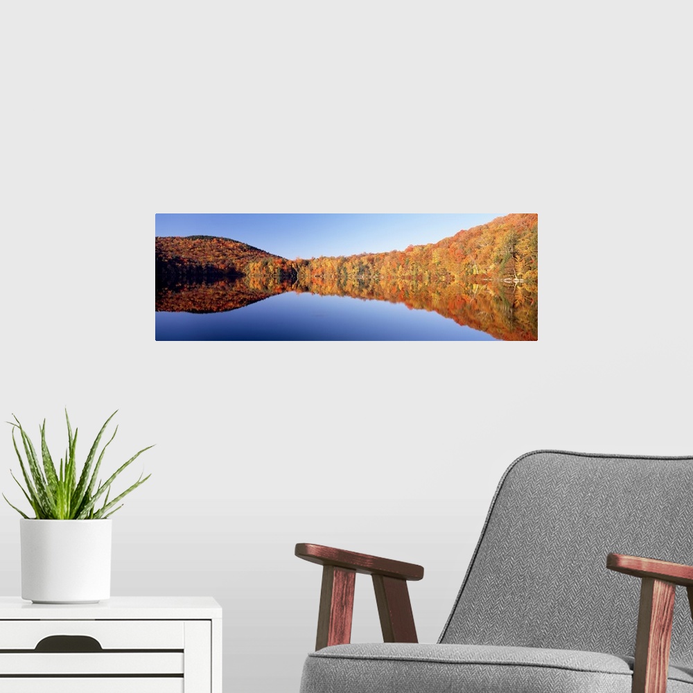 A modern room featuring Autumn colored trees line a body of water and are photographed in wide angle view as they reflect...