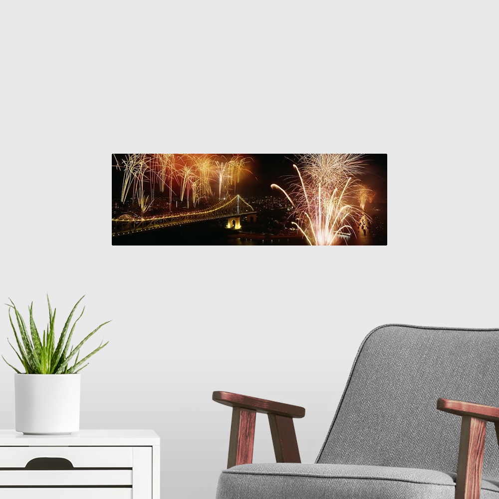 A modern room featuring Firework display at New years eve in a city, Brisbane, Queensland, Australia