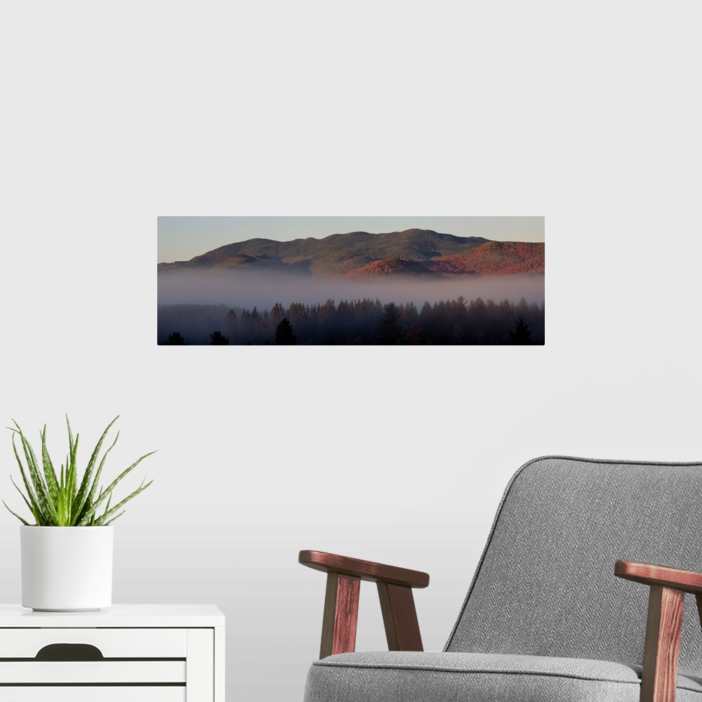 A modern room featuring Fog over a landscape, Sawtooth Mountains, Lake Placid, New York