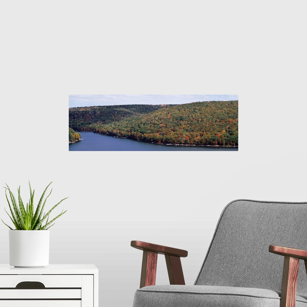 A modern room featuring Forested hills surround Deep Creek Lake Garrett Co MD