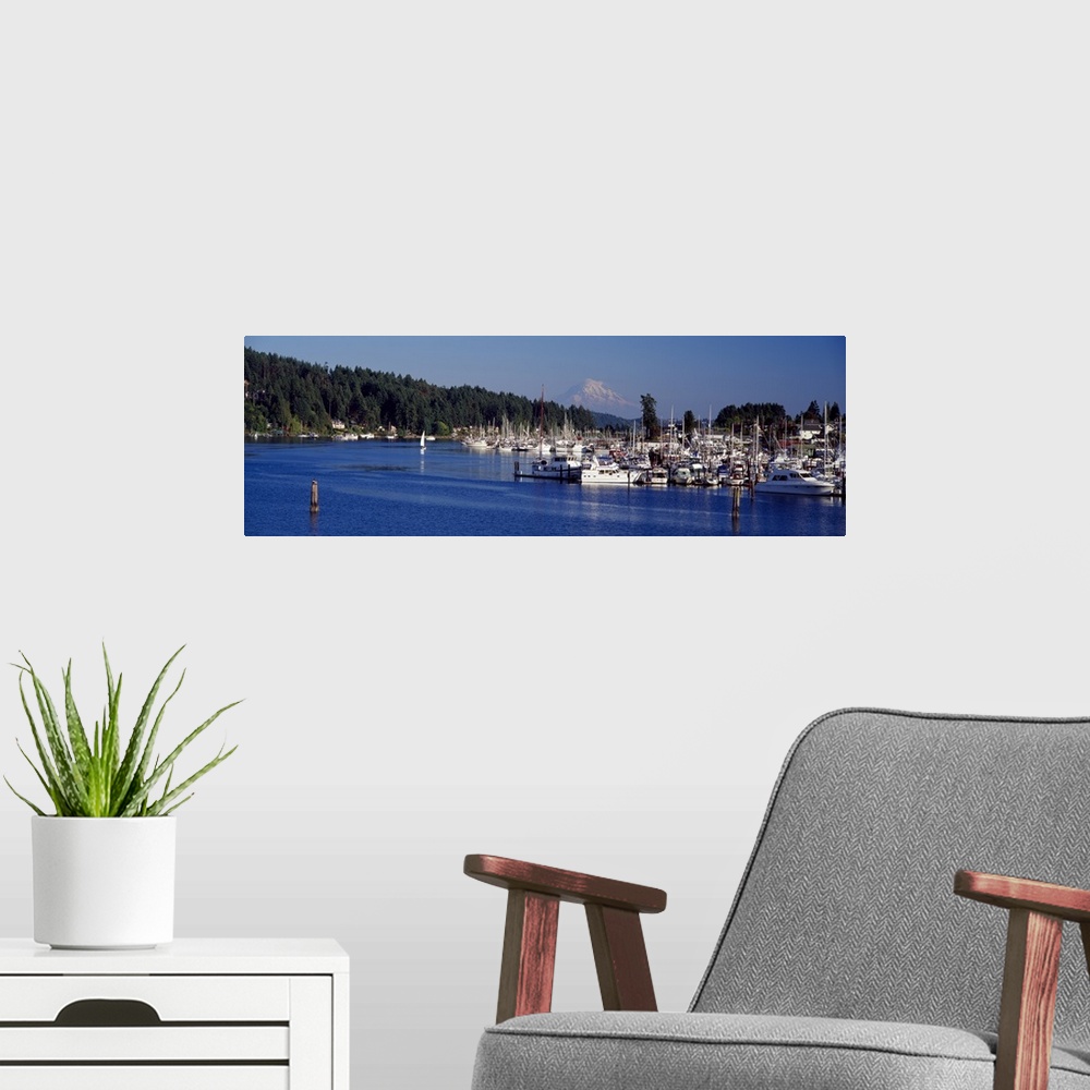 A modern room featuring A collection of boats sit docked in the water to the right side of the picture with a thick pine ...