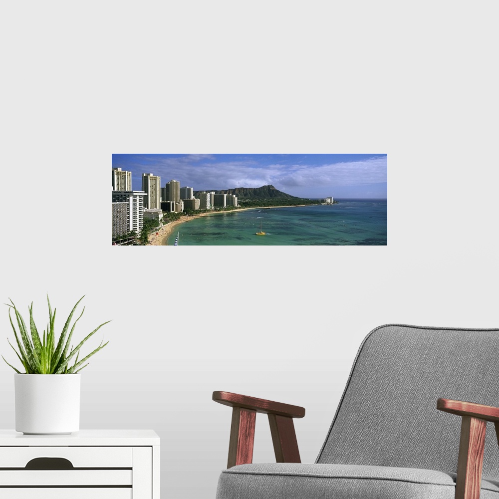 A modern room featuring High angle view of a beach, Diamond Head, Waikiki Beach, Oahu, Hawaii