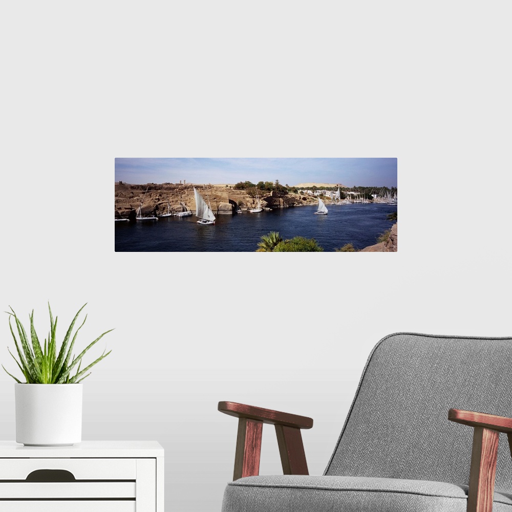 A modern room featuring High angle view of a sailboat in a river, Nile River, Aswan, Egypt