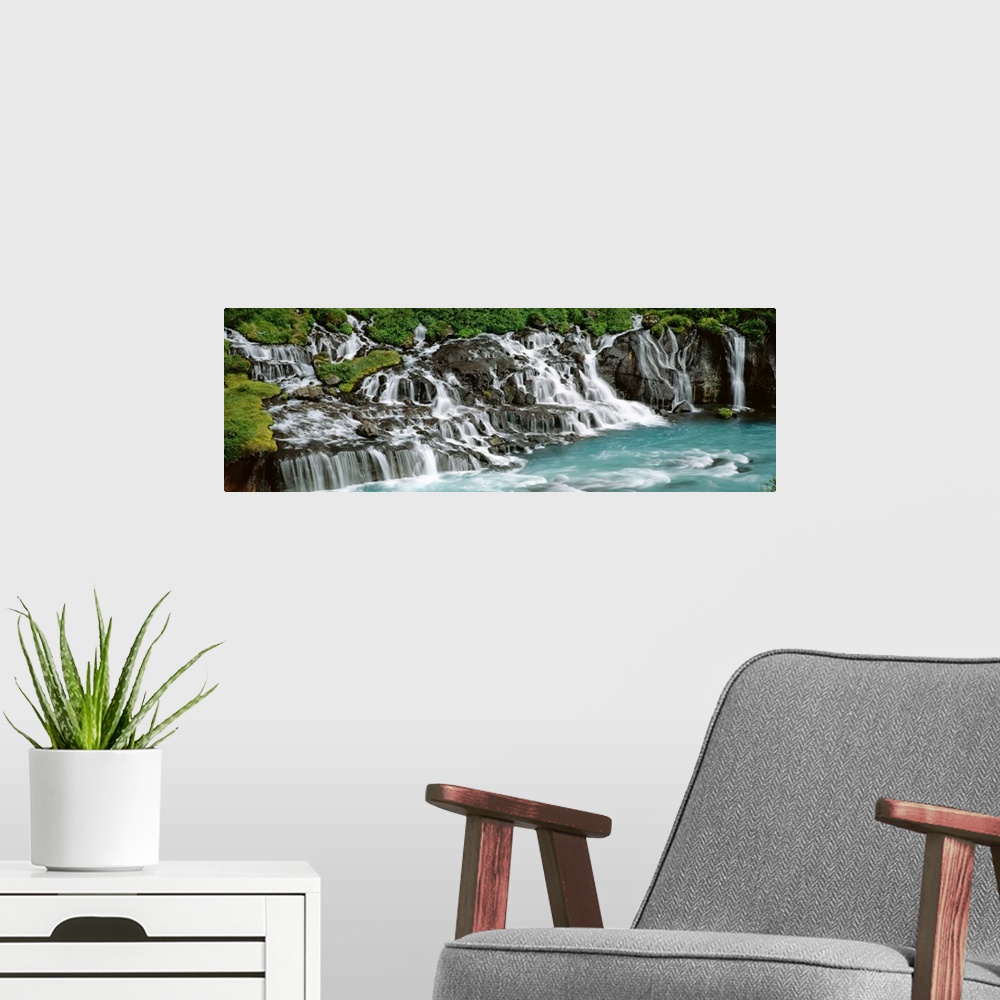 A modern room featuring Iceland, Hraunfoss Waterfall, Waterfall in a forest