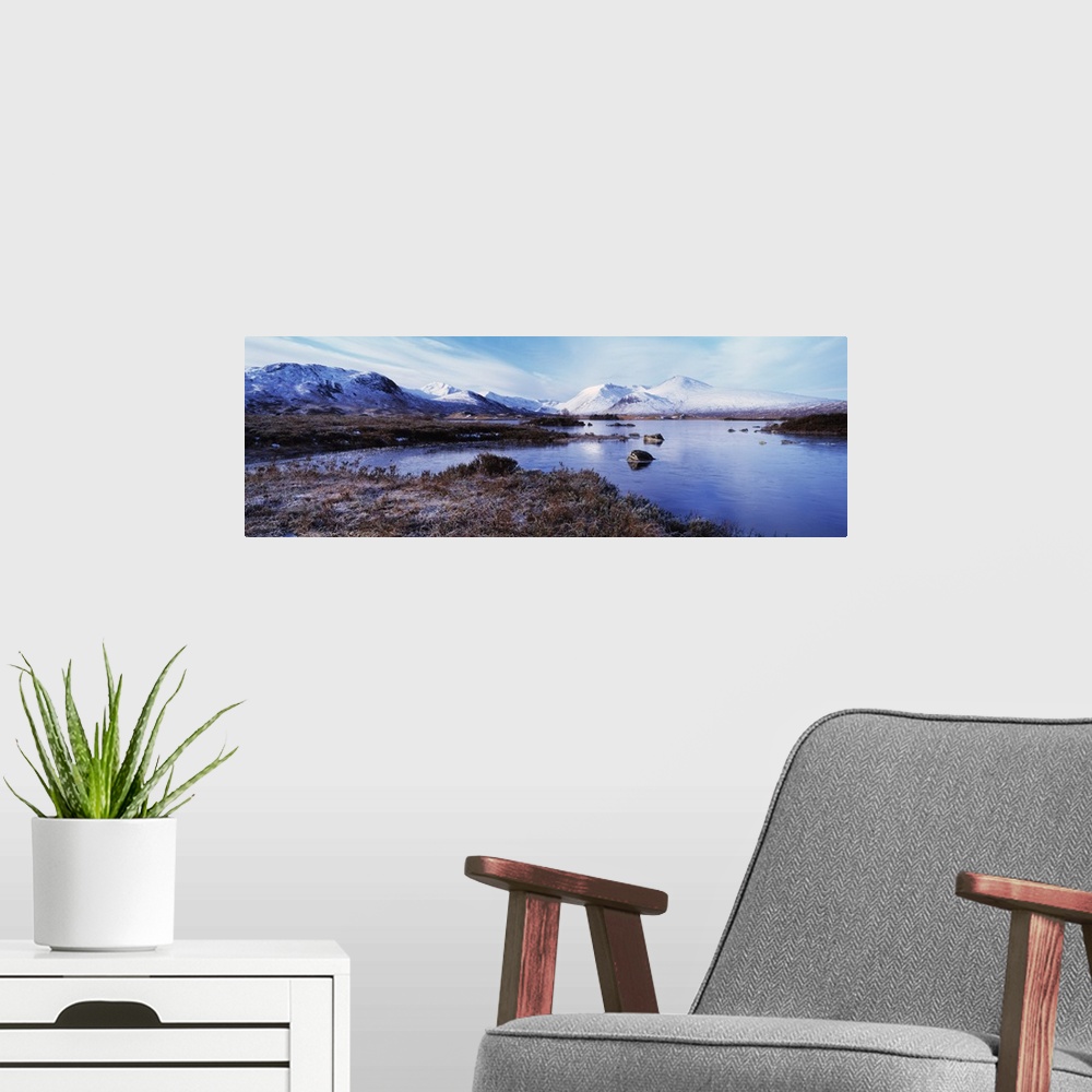 A modern room featuring Lake at the foothill of mountains, Black Mount, Lochan Na h'Achlaise, Rannoch Moor, Highlands Reg...