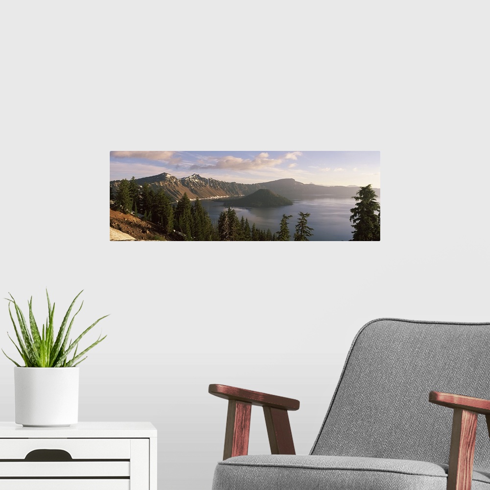 A modern room featuring Lake surrounded by mountains, Wizard Island, Crater Lake National Park, Oregon, USA