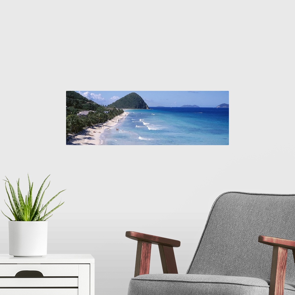 A modern room featuring Panoramic photo of an ocean meeting a white sand beach with tropical vegetation.