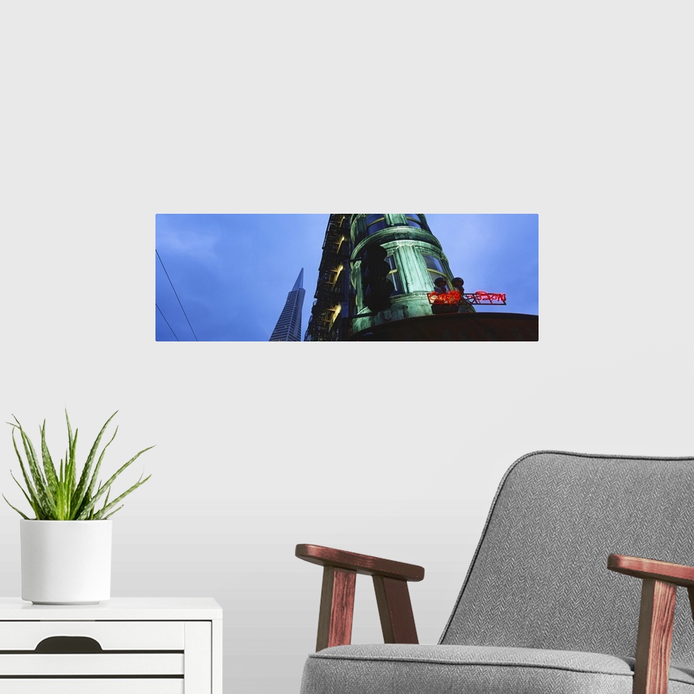 A modern room featuring Low angle view of a building, Sentinel Building, Transamerica Pyramid, San Francisco, California