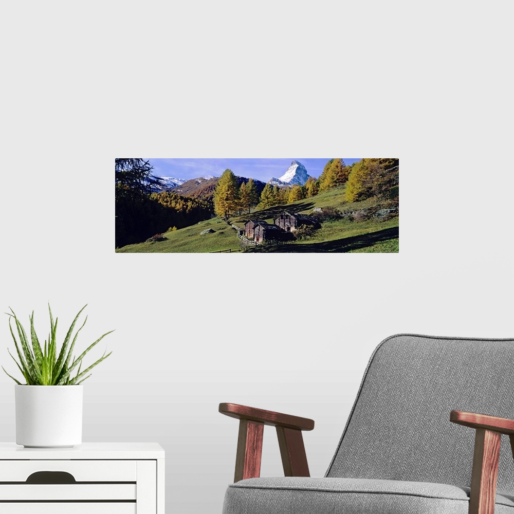 A modern room featuring Low angle view of a mountain peak, Matterhorn, Valais Canton, Switzerland