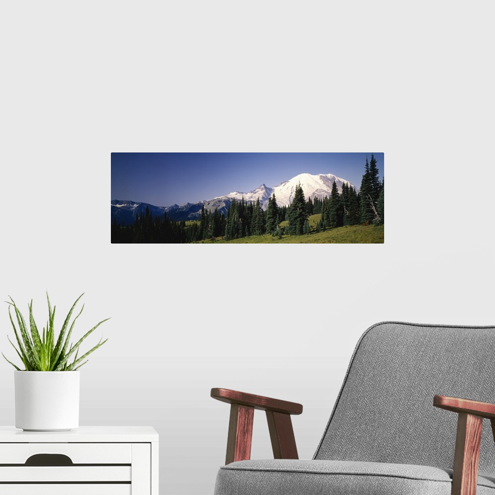 A modern room featuring Low angle view of mountains, Mt Rainier, Washington State