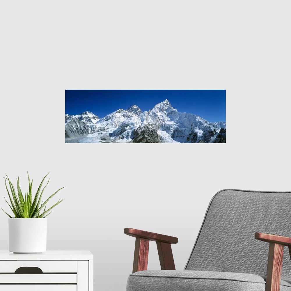 A modern room featuring Low angle view of snowcapped mountains, Himalayas, Khumba Region, Nepal