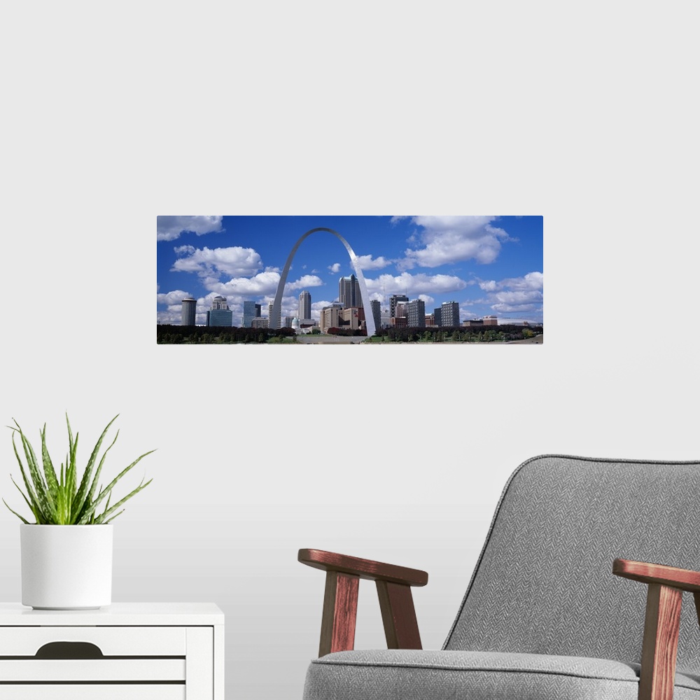 A modern room featuring Panoramic skyline of St. Louis, Missouri featuring in the center the Gateway Arch.