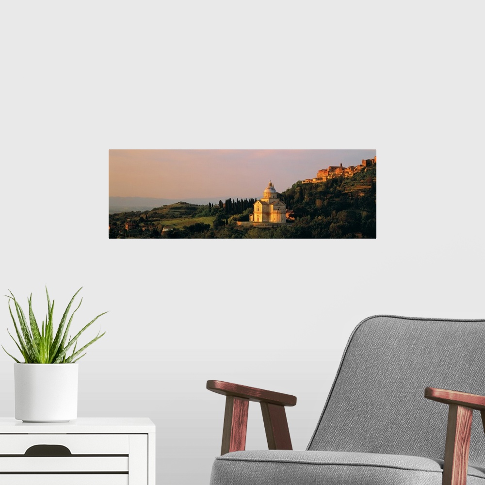 A modern room featuring Panoramic photograph of a medieval and Renaissance hill town and commune in the Italian province ...