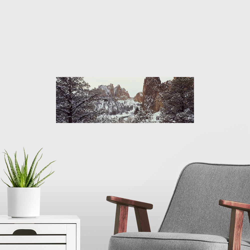 A modern room featuring Oregon, Deschutes County, Smith Rock State Park, Mountain covered with snow