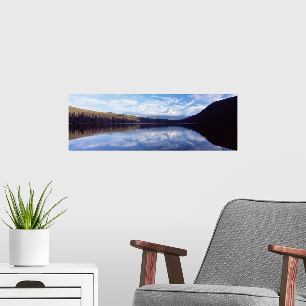 A modern room featuring Reflection of clouds in a lake, Mt Hood viewed from Lost Lake, Mt. Hood National Forest, Hood Riv...