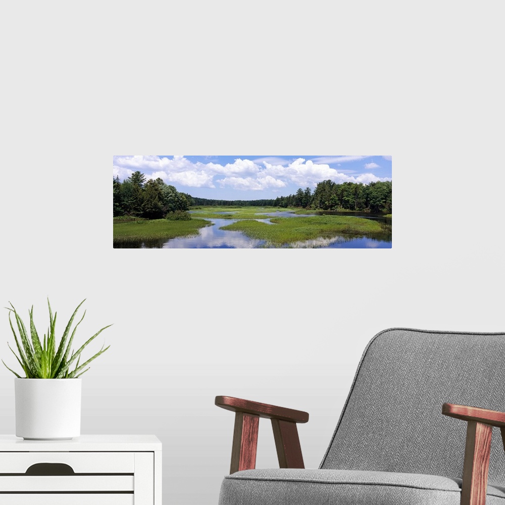 A modern room featuring Reflection of clouds in a river, Moose River, Adirondack Mountains, Old Forge, Herkimer County, N...