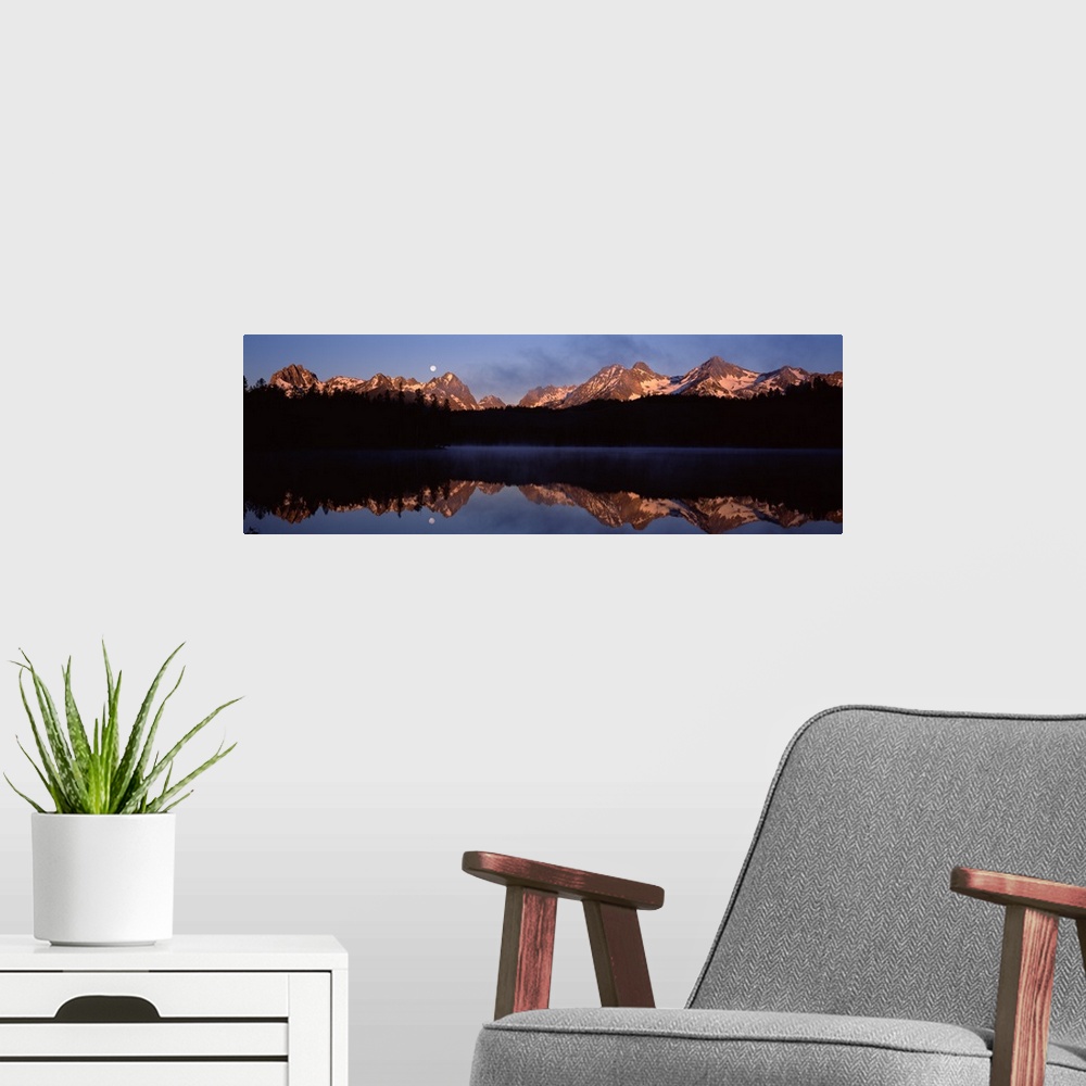 A modern room featuring Reflection of mountains in water Little Redfish Lake Sawtooth National Recreation Area Custer Cou...